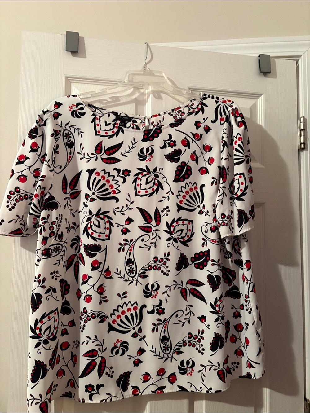 Talbots White Short Sleeve Blouse with Black & Red Floral Motif